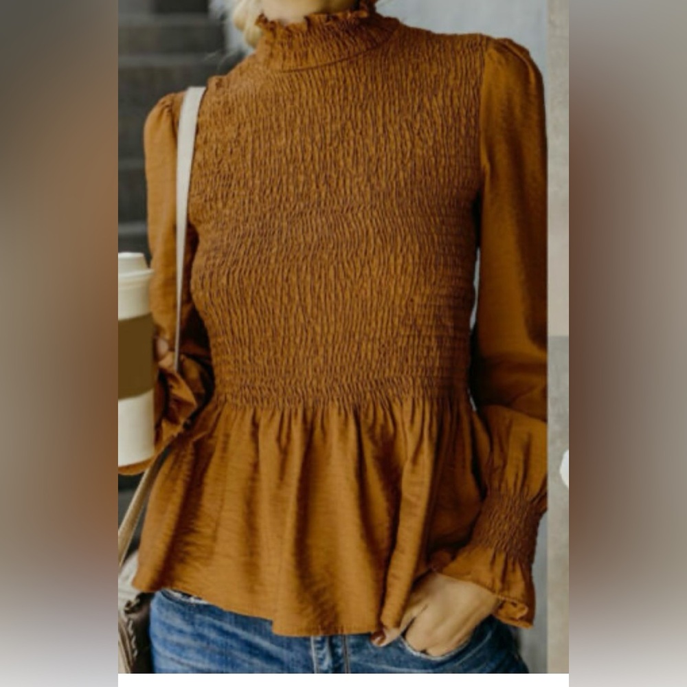 VICI Smocked Mock Neck Peplum Balloon sleeve Top Blouse-Caramel-Sand NWT- Sz L
